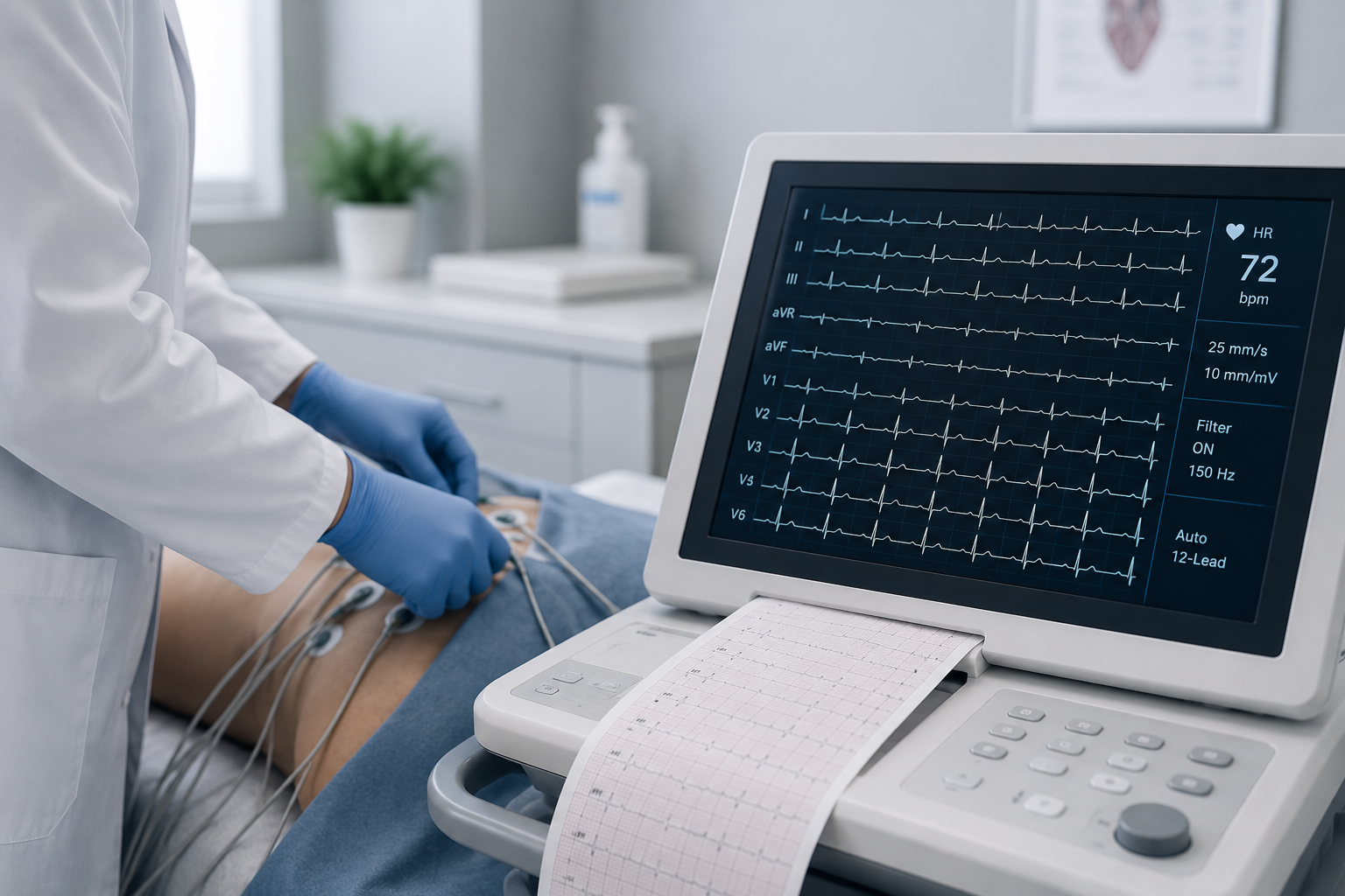 A patient is laying on an exam table for an EKG